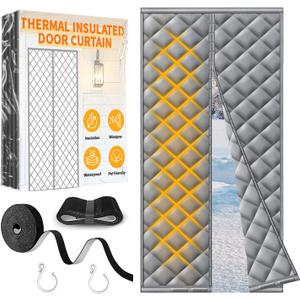 Insulated Door Curtain for Winter, Thermal Magnetic Gray Door Cover, Fits 34 x 82 Inch, Curtain Size 36 x 84 Inch