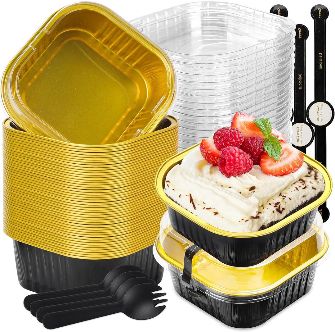60 pack Mini Cake Pans with Lids Foil Pans Square Aluminum Pans with Lids Cupcake Liners for Birthday Wedding Party Gift (Black Gold, 10 oz)