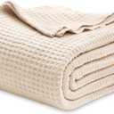 Bedsure 100% Cotton Blanket Queen Size for Bed - Breathable and Soft, Waffle Weave Blanket for Summer Spring, Beige, 90x90 Inches (Queen (90" x 90"), 02 - Beige (a Little Bit Yellow))
