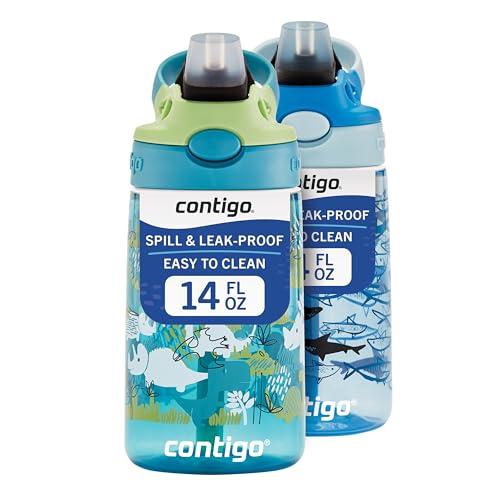Contigo Aubrey Kids Water Bottle, 1-Pack, 14oz, Dinos & Sharks, Spill-Proof Lid, Dishwasher Safe, Blue & Green
