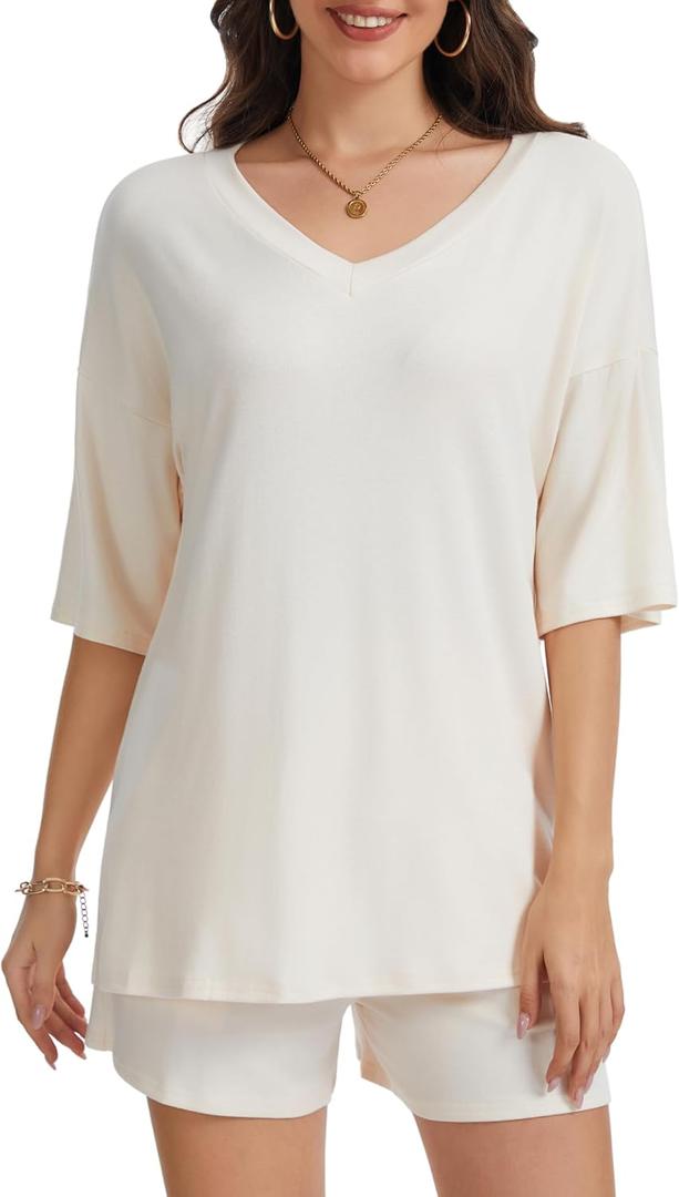 SALNIER Womens Lounge Set 2 Piece Summer Outfit Oversized (Beige, L)