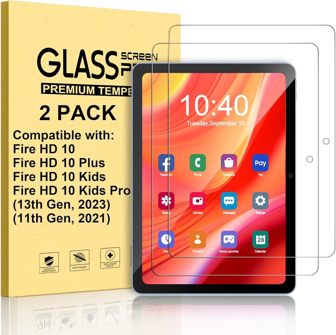 Lainergie 2-Pack Screen Protector for New Fire HD 10/10 Plus/10 Kids/10 Kids Pro tablet 10.1" (13th/11th Generation, 2023/2021), Tempered Glass 9H Hardness [Durable] [Anti-Scratch] [Easy Installation]