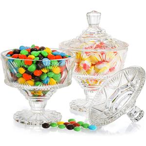 Frcctre 2 Pack Glass Candy Dish with Lid, 15 Oz Crystal Candy Bowl Cookie Jar Decorative Apothecary Jar for Party, Candies Buffet, Wedding, Christmas, Home 