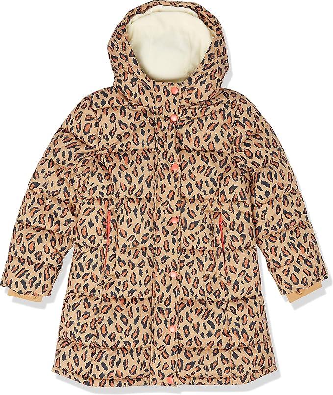 Amazon Essentials Girls and Toddlers' Long Heavyweight Hooded Puffer Jacket, Camel Cheetah Print Medium 