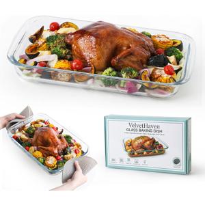 9x16 Borosilicate Glass Baking Dish, 3 Quart Glass Baking Dishes for Oven, Large Glass Cookware with 2 Silicone Mats and Gift Box, Heavy-Duty Casserole Dish for Family Party Cooking