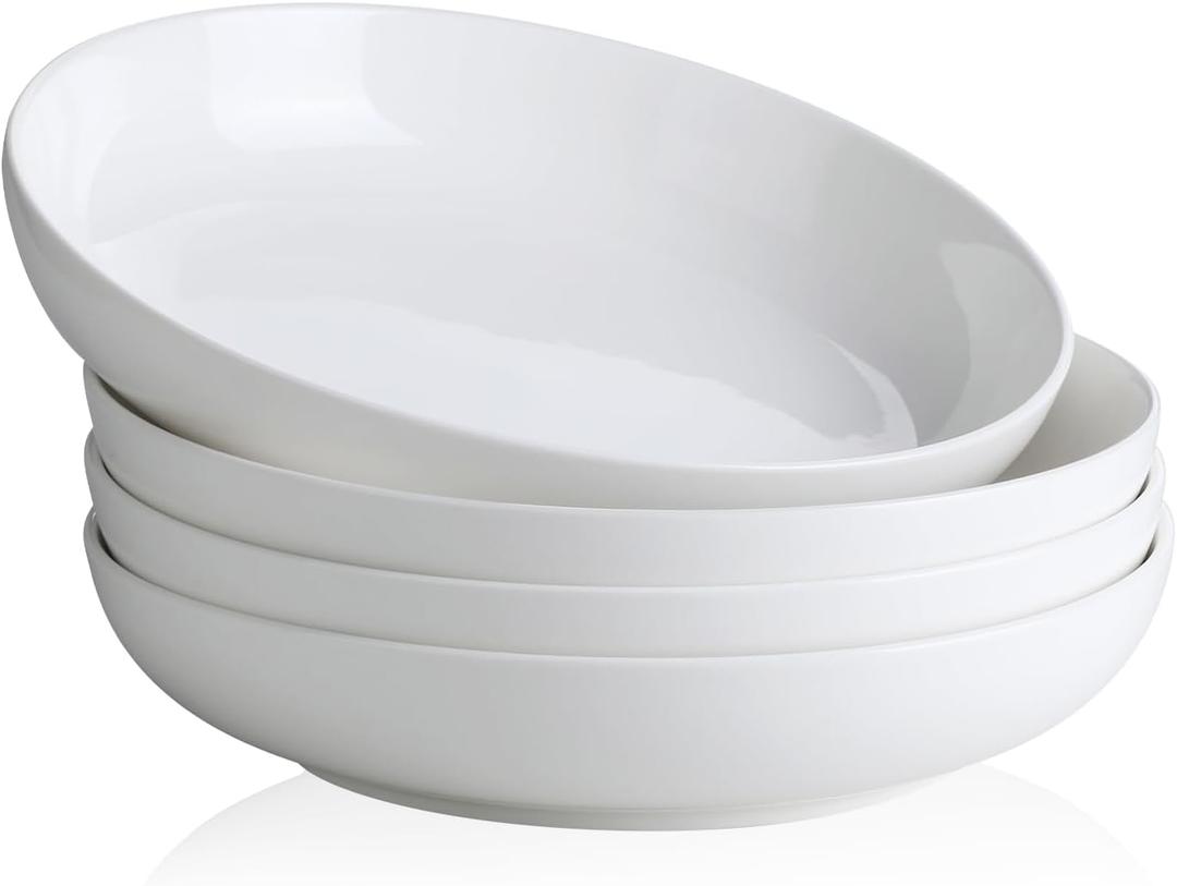 YHY Pasta Bowls Set of 4, 22 oz Ceramic Salad Plates, 7.8 Inch Wide Shallow Porcelain Dishes for Dinner, Microwave & Dishwasher Safe, White