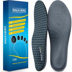 Walkhero Plantar Fasciitis Insoles - High Arch Support Inserts for Men and Women, Flat Foot Orthotic Insoles, Relieve Foot Pain and Fatigue (Mens 4-4 1/2 | Womens 6-6 1/2 Gray)