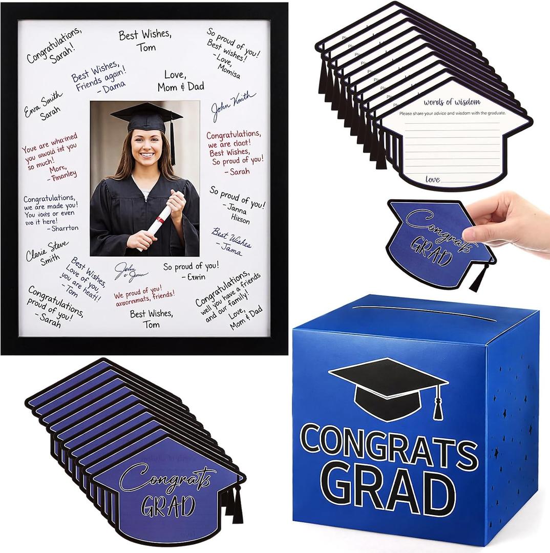 Gueevin Blue and Black Graduation Decorations 2026 Guest Book Alternative Graduation Card Box Advice Cards 11x14in Signature Board Picture Frame for Class of 2026 Congrats Grad Party Decor Supplies