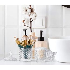 Aoriher 2 Pcs Crystal Glass Candy Jar Set with Lids Home Decorative Storage Jars for Apothecary, Bathroom, Kitchen, and Pantry, Ideal for Cotton Swabs and Jewelry (Medium, Clear)