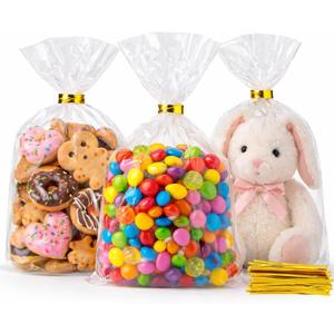 WIKDAY Cellophane Bags 100 PCS 6x10 Inches Clear Gift Gags with Ties Plastic Treat Party Favor Candy Bags for Gift Giving, Packaging Snack, Products