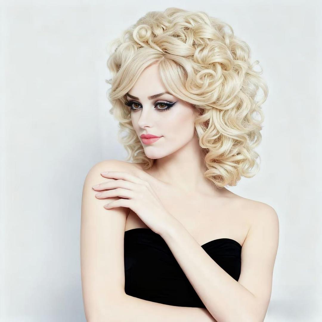 Rugelyss Long Curly Blonde Beehive Wig for Women Vintage Disco Wig Synthetic Full Wavy Wigs for 60s 70s 80s Rock Singer Cosplay or Halloween Costume Party