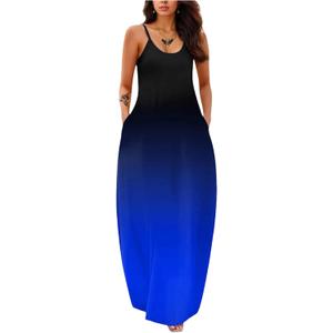 Fussangshu Women's Summer Maxi Dress Long Dress Casual Boho Sleeveless Strap Smocked Tiered Long Beach Sun Dresses (Blue, XL)