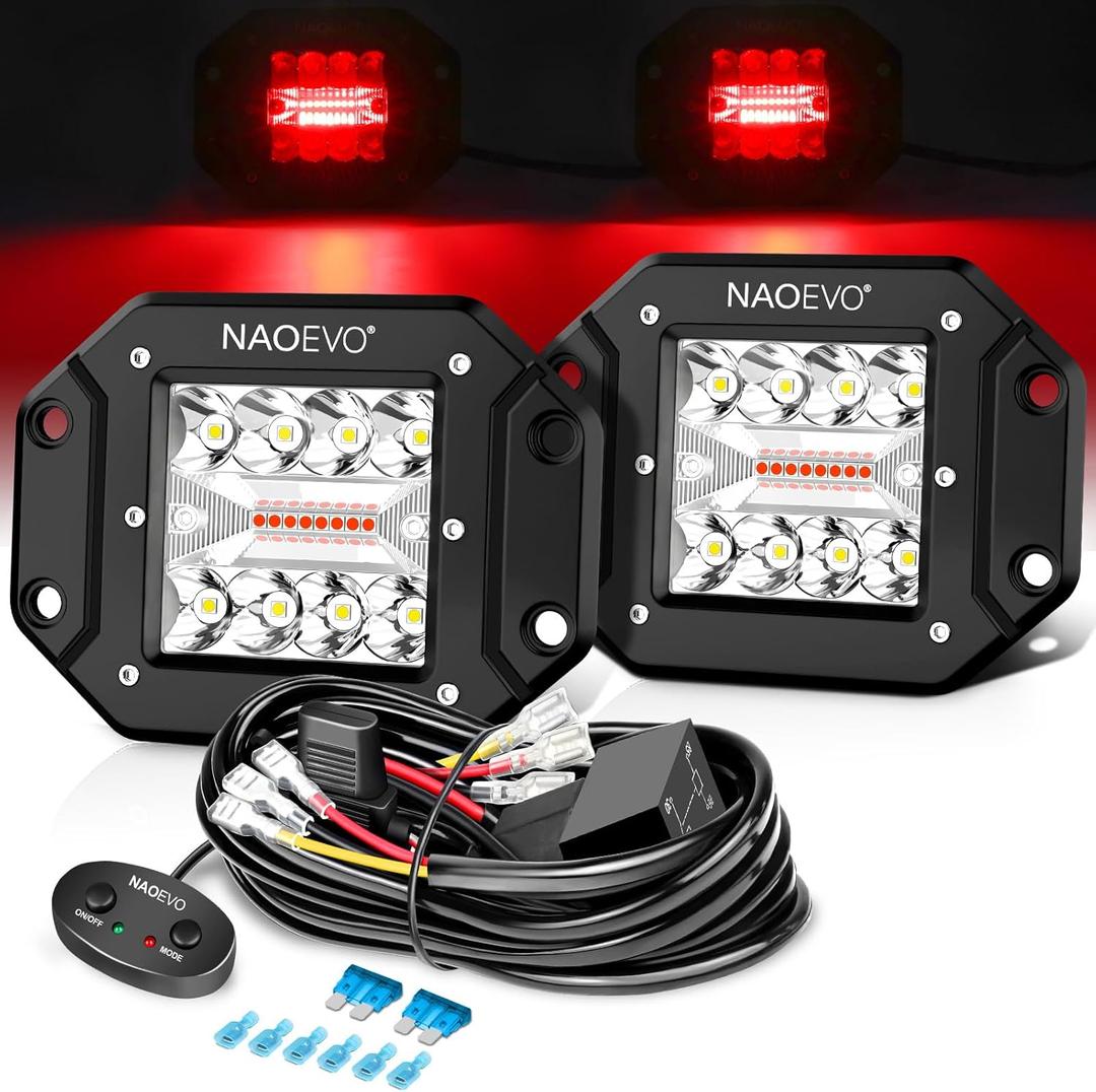NAOEVO Flush Mount LED Pods, 5 Inch LED Driving/Off Road Lights Bar, White Red Strobe Emergency/Backup/Reverse led Pod Lights for Trucks ATV UTV with Memory Wiring Harness Kit(5 Modes)