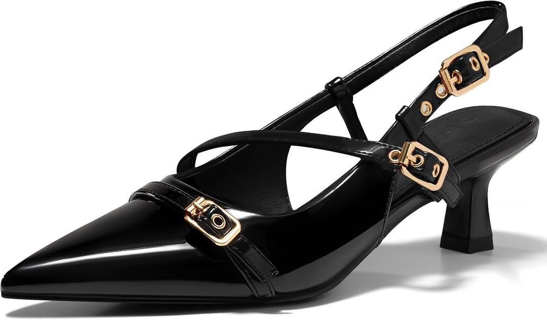 Coutgo Womens Slingback Kitten Heels Low Heel Closed Pointed Toe Pumps Buckle Strap Heeled Sandals Shoes (8.5, Black)