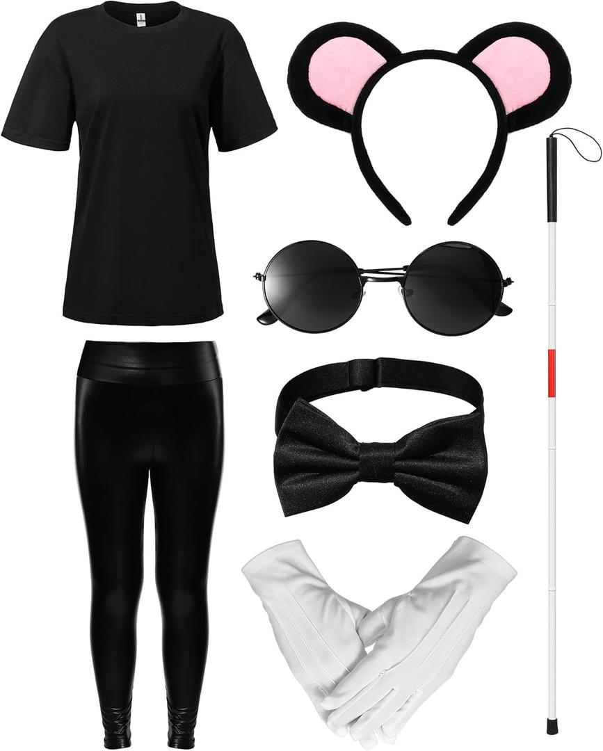 Crowye 7 Pcs Halloween Women Mouse Costume Set Ears Headband Walking Stick Tshirt Pants Bow Tie Glove Sunglasses (Large)