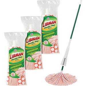 Libman Wonder Mop Plus 3 Refills, Self-Wringing, Absorbent, Microfiber Floor Mop for Household Multi-Surface Cleaning, 3 Machine Washable Replacement Heads