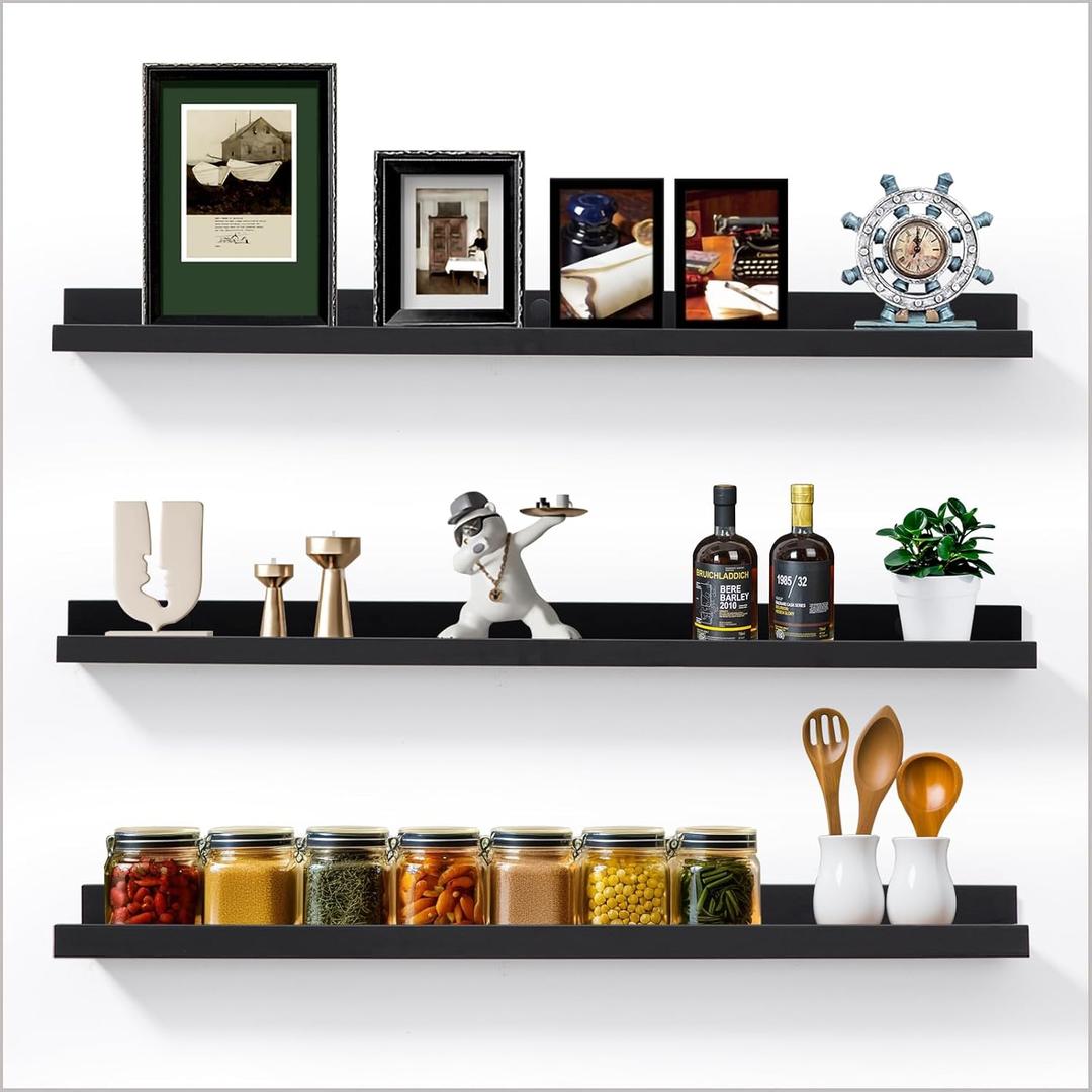AZSKY Floating Picture Ledge Shelves for Wall Set of 3, 36 Inch Photo Shelves with Lip Long Large Nursery Book Shelf for Toys Storage Kids Bookshelf Wall Mounted Living Room Bedroom Decor Frames (36in set 3, Black)