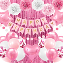Pink Birthday Party Decorations for Girls Women Happy Birthday Banner Light Pink and White Balloons party decor Pom pom Flower Confetti Ribbons Foil Fringe Curtain