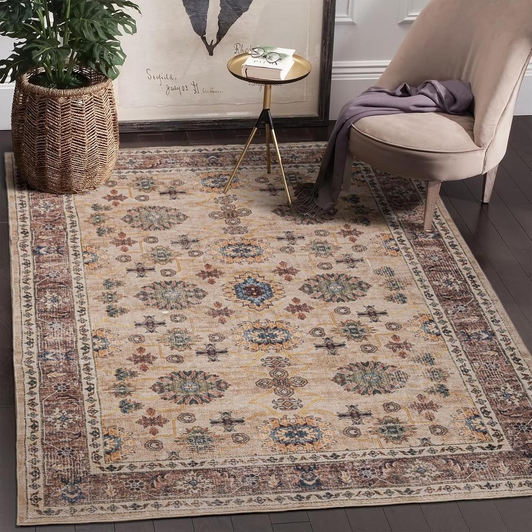 Area Rug 35, Vintage Boho Rug,Ultra-Soft Low Pile, Washable, Non Slip,Stain Resistant, Carpet for Living Room Bedrooms Playroom Office Kitchen,Brow/Moss