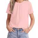 PATPAT Girls Pleated Short Sleeve T Shirt Size 15-16 Years Crewneck Pain Summer Shirts Tween Girl Casual Fashion Preppy Tops Tees Pale pink