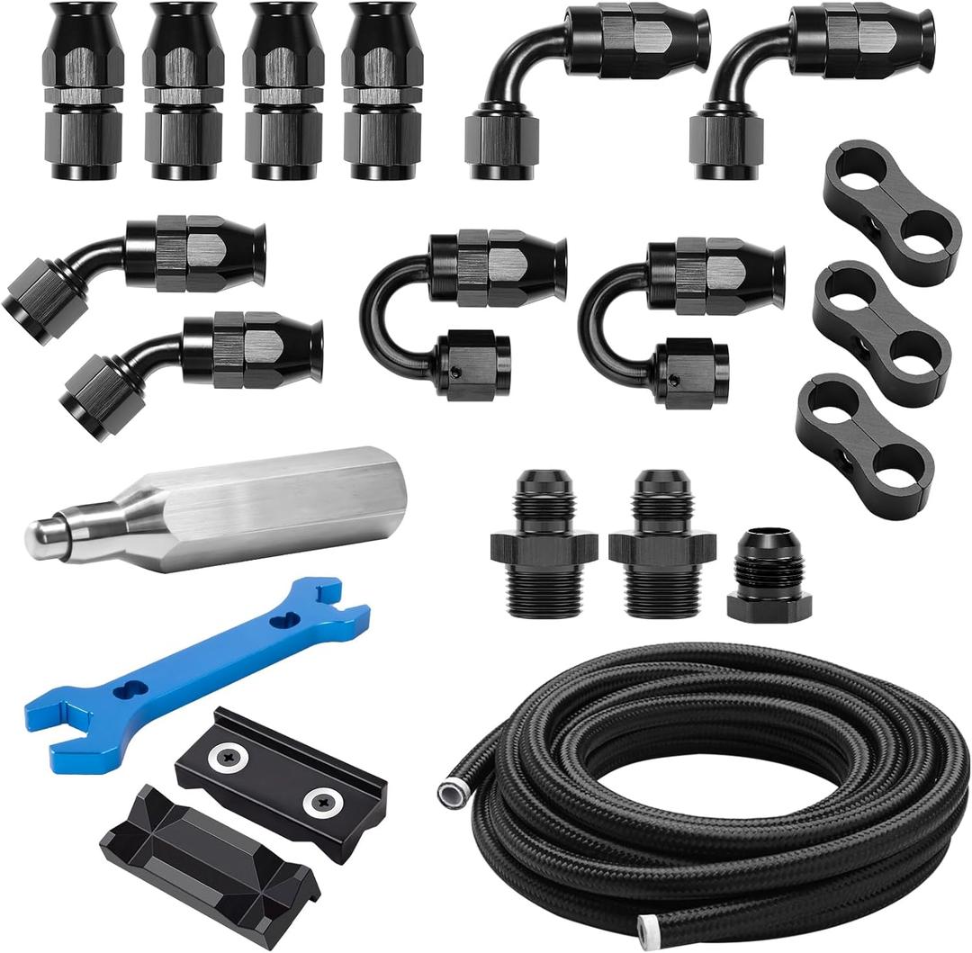 8AN PTFE Fuel Line Kit, AN8 E85 Nylon Braided PTFE Fuel Line Hose 20FT With 8AN Hose End Fittings Straight/45/90/180 Degree and Hose Fittings Adapters