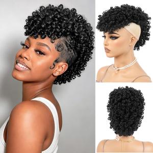 Mohawk Wig for Black Women  Short Kinky Curly Afro Puff Wig, Synthetic Fluffy Ponytail Hairpiece with Adjustable Straps for Daily Wear, Party, Cosplay (1B Natural Black) (4 Inch)