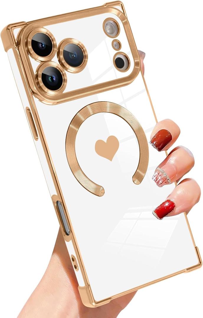 SAKUULO Case for iPhone 17 Pro Cute Plating Case[Compatible with Magsafe] for Women Girls Electroplated Heart Soft TPU Shockproof Camera Protection Bumper Cover for iPhone 17 Pro 6.3",White