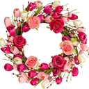 20 Inch Wreaths for Front Door - Artificial Wreath for Front Door Outside with Pink Red Roses & Tulips - Spring Floral Decor for Porch Wall Home Wedding
