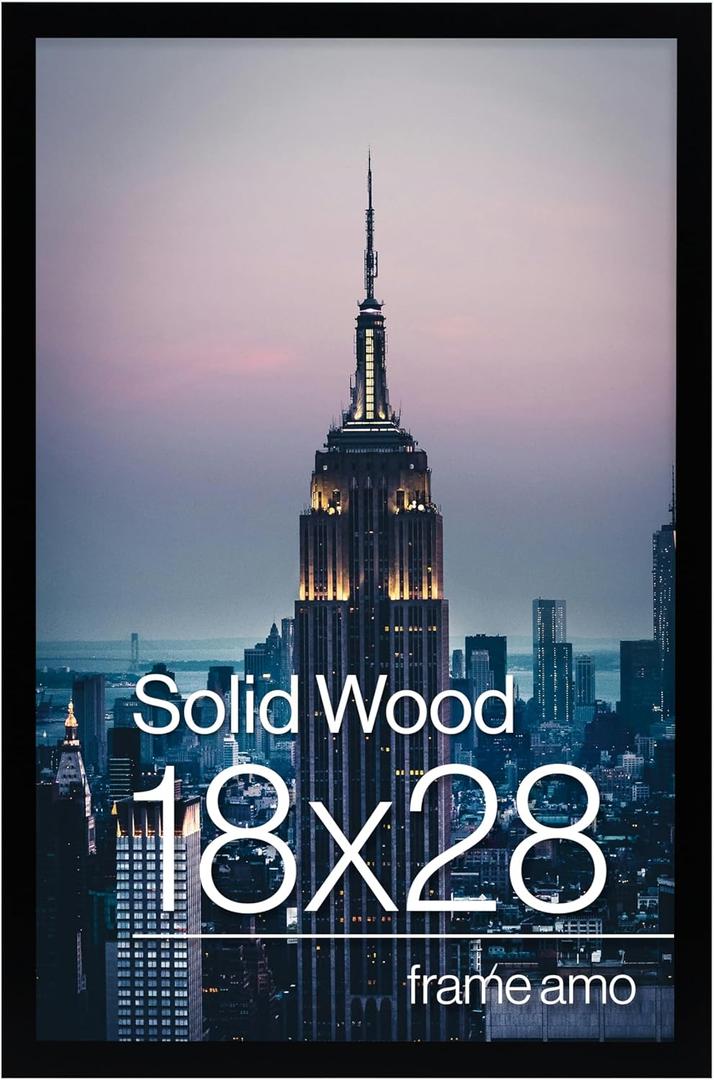 Frame Amo 18x28 Solid Wood Poster Frame, 1 inch Wide Border, Smooth Wrap Finish, Acrylic Face (Black)