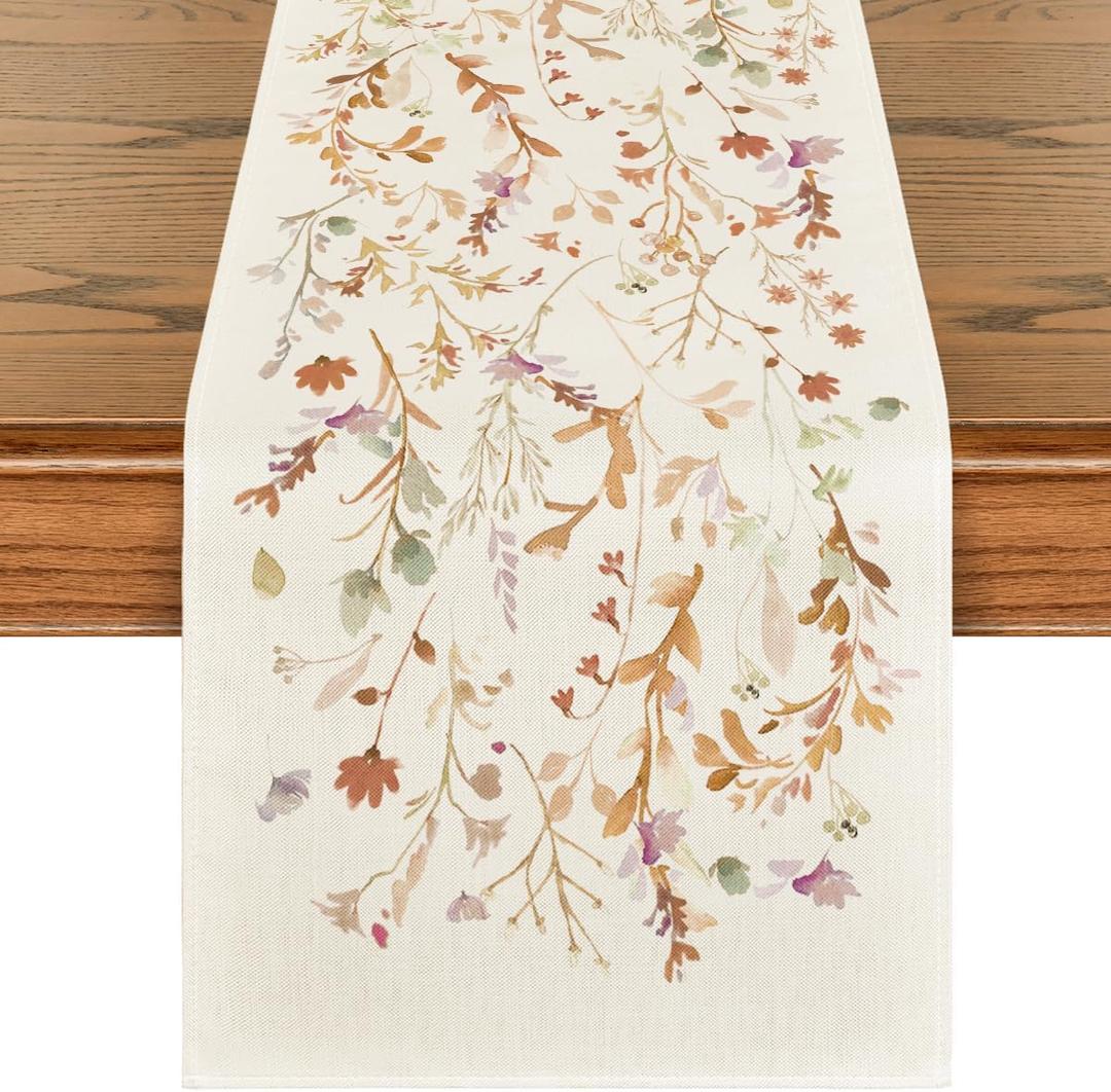 Artoid Mode Floral Leaves Fall Table Runner, Wild Flowers and Grasses Seasonal Autumn Kitchen Dining Table Decoration for Home Party Decor 13x120 Inch (Brown)