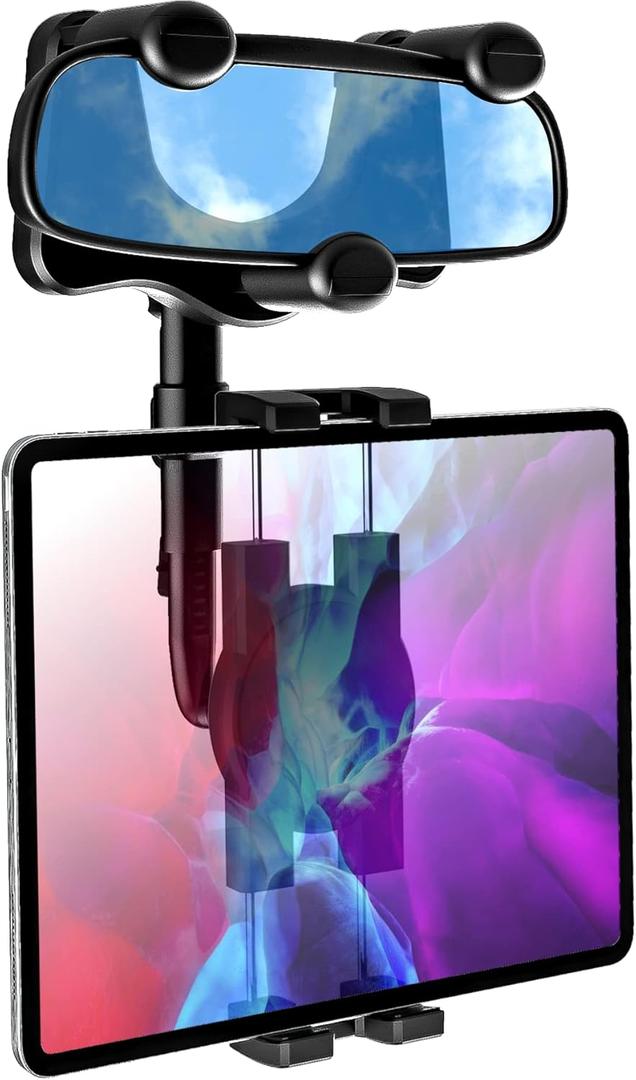 Car Rearview Mirror Tablet Mount, Truck Rear View Mirror Tablet Phone Holder Bracket with Adjustable Arm [Rotatable 360 & Retractable] for iPad Air Mini, Galaxy, Fire, iPhone, 4-11"