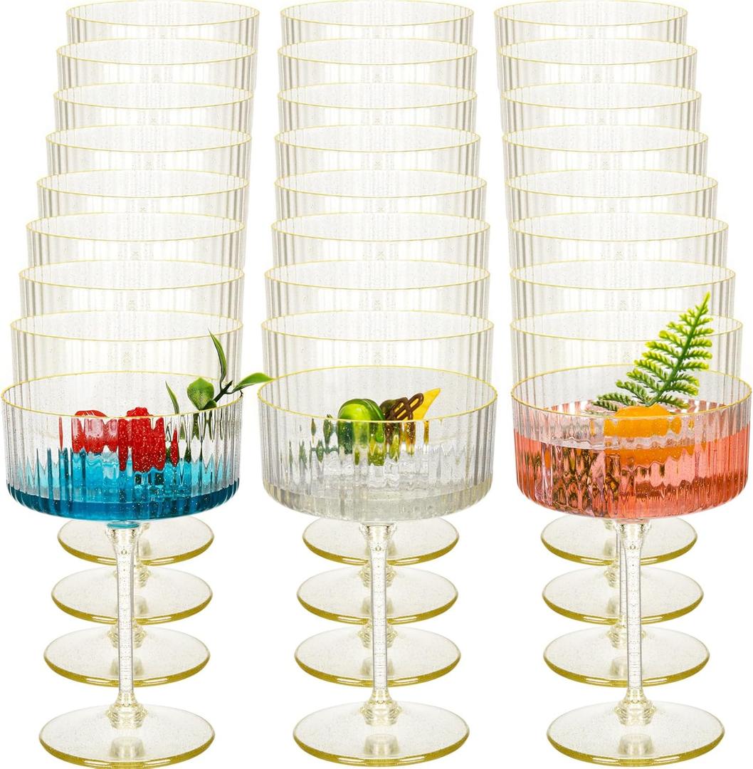 Jingmore 24 Pcs Ribbed Martini Glasses 10 oz Disposable Plastic Vintage Ribbed Coupe Glasses with Gold Rim Glitter Cocktail Unbreakable Dessert Parfait Glassware for Wedding Party Supplies (Clear)