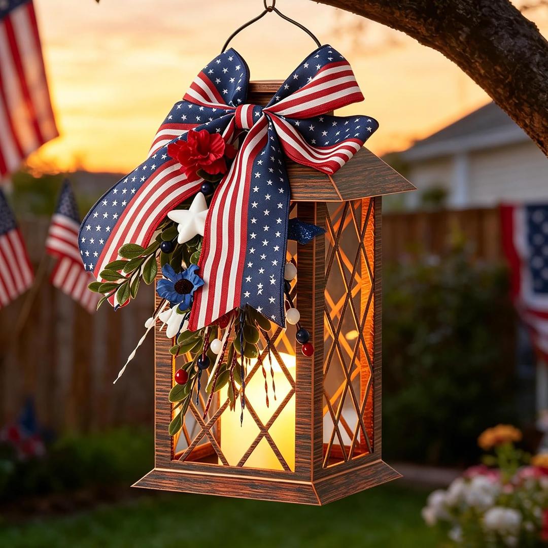 Patriotic Solar Lanterns Outdoor, Waterproof Garden Hanging Lanterns, 13" Patriotic Decorations Outdoor Lantern with Led Flameless Candles, 4th of July Lantern for Porch, Yard, Patio Decor