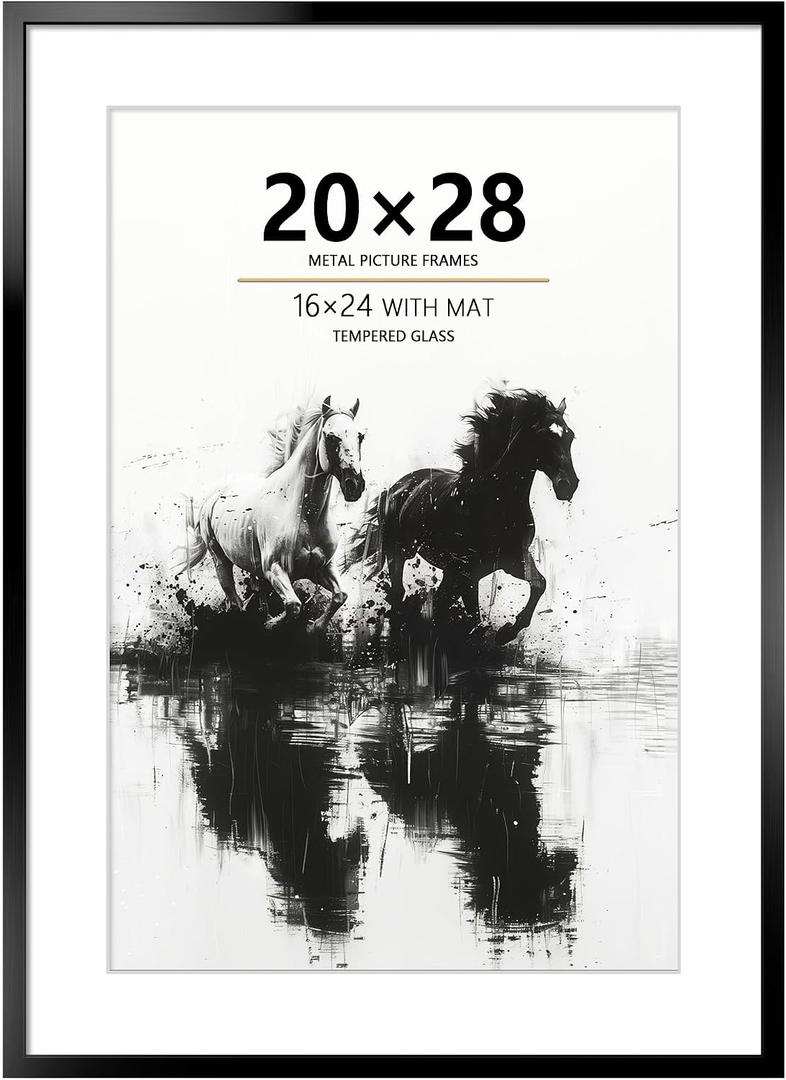20x28 Metal Picture Frame - 20 x 28 Aluminum Puzzle Frame with Mat for 16x24 Photo, Tempered Glass Cover, Black Wall Hanging Photo Frame for Home Dcor