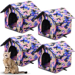 Weysat 4 Pieces Collapsible Outdoor Cat House Stray Waterproof Cat Shelter Houses for Outside Warm Feral Pet Cave for Winter Water Resistant Canvas Roof for Small pet Dog Tent Bed(House)