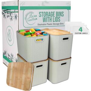 Storage Bins with Bamboo Lid  Stackable, Multi-Purpose Organizers for Pantry, Closet, Kitchen, and Home  Elegant Wicker-Style Design with Ergonomic Handles (Cream)
