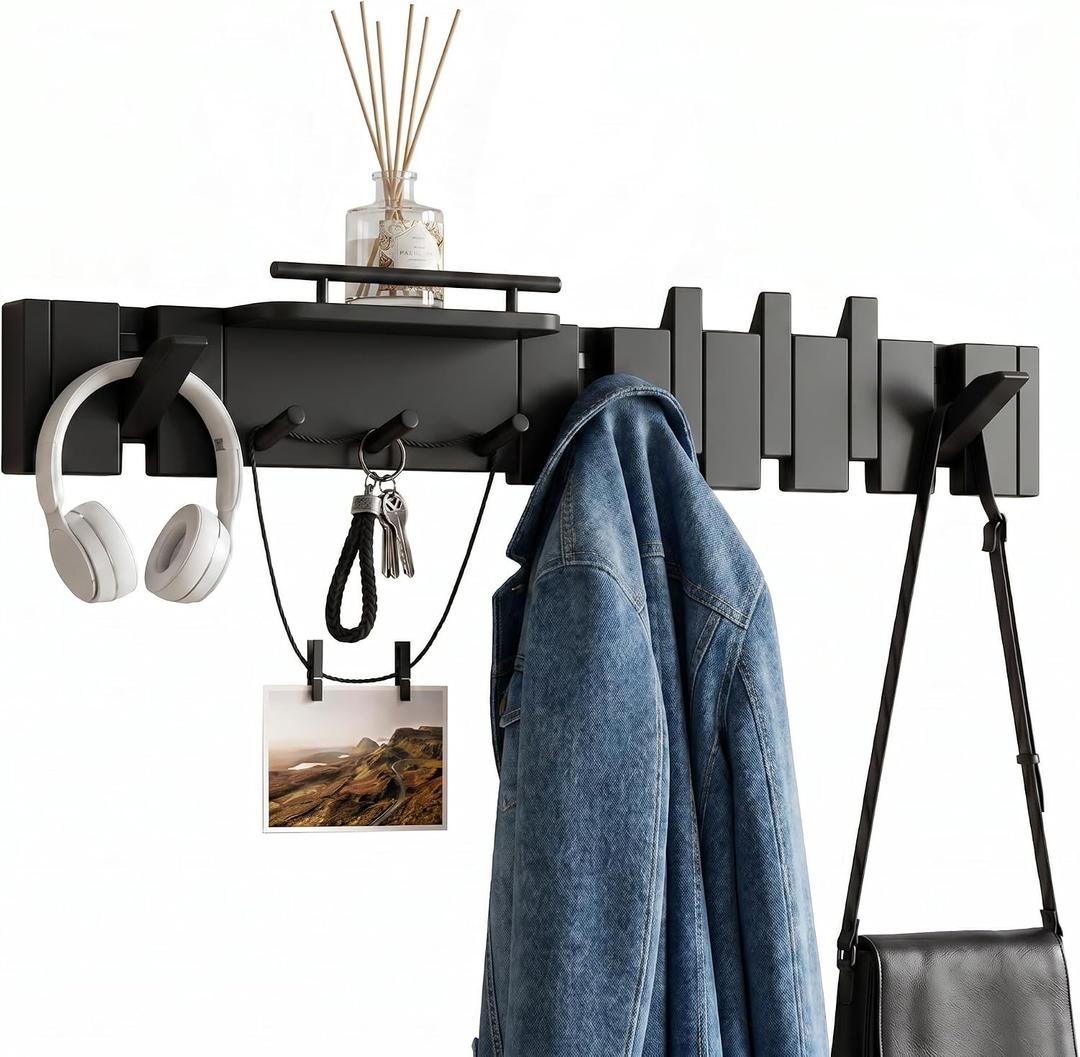 Mid Century Modern Walnut Foldable Entryway Wall Coat Hanger Hook with Shelf,Heavy Duty Wooden Piano Hidden Towel Hooks for Bathroom,Wall Rack for Purse&Key&Mail,Home Decor (Black, 9 Hooks)