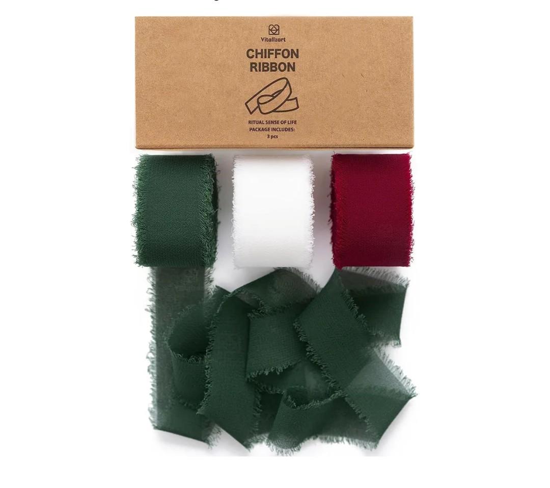 Christmas Ribbon Chiffon Silk Fringes 1" x 21 Yd Fabric Package (3 Rolls * 7 Yd) for Wedding Invitations Bridal Bouquets Decorations Gifts Wrapping & Bow Making Green Red & White