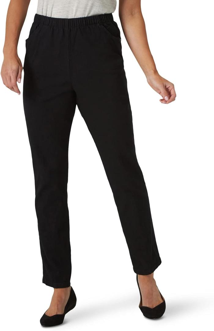 Chic Classic Collection Women's Cotton Pull-on Pant with Elastic Waist (12 Petite, Black Denim)
