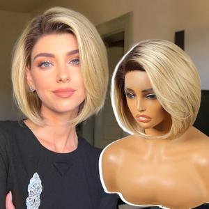 Ombre Blonde Synthetic Lace Front Wig,Straight Bob Wig for White Women,Ash Blonde Short Layered Wigs,Side Part Glueless Lace Wigs for Women Daily Use 10IN (#OM6/FS1212)