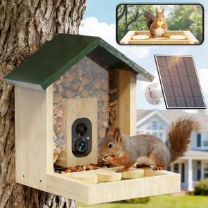 Wooden Squirrel Feeder with Camera, Smart Squirrel Feeder Solar-Powered, Squirrel Houses for Outside, 2K HD+ Video, Cloud Storage, Large Capacity, Ideal for Squirrel Lovers
