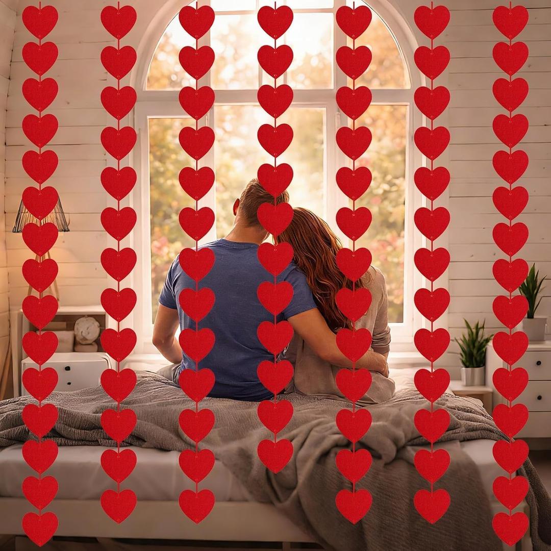 Valentines Day Decorations, 96 PCS Red Felt Heart Garland Hanging, Pre-Assembled Romantic Heart String Garland for Home, Wedding, Anniversary & Party Decor