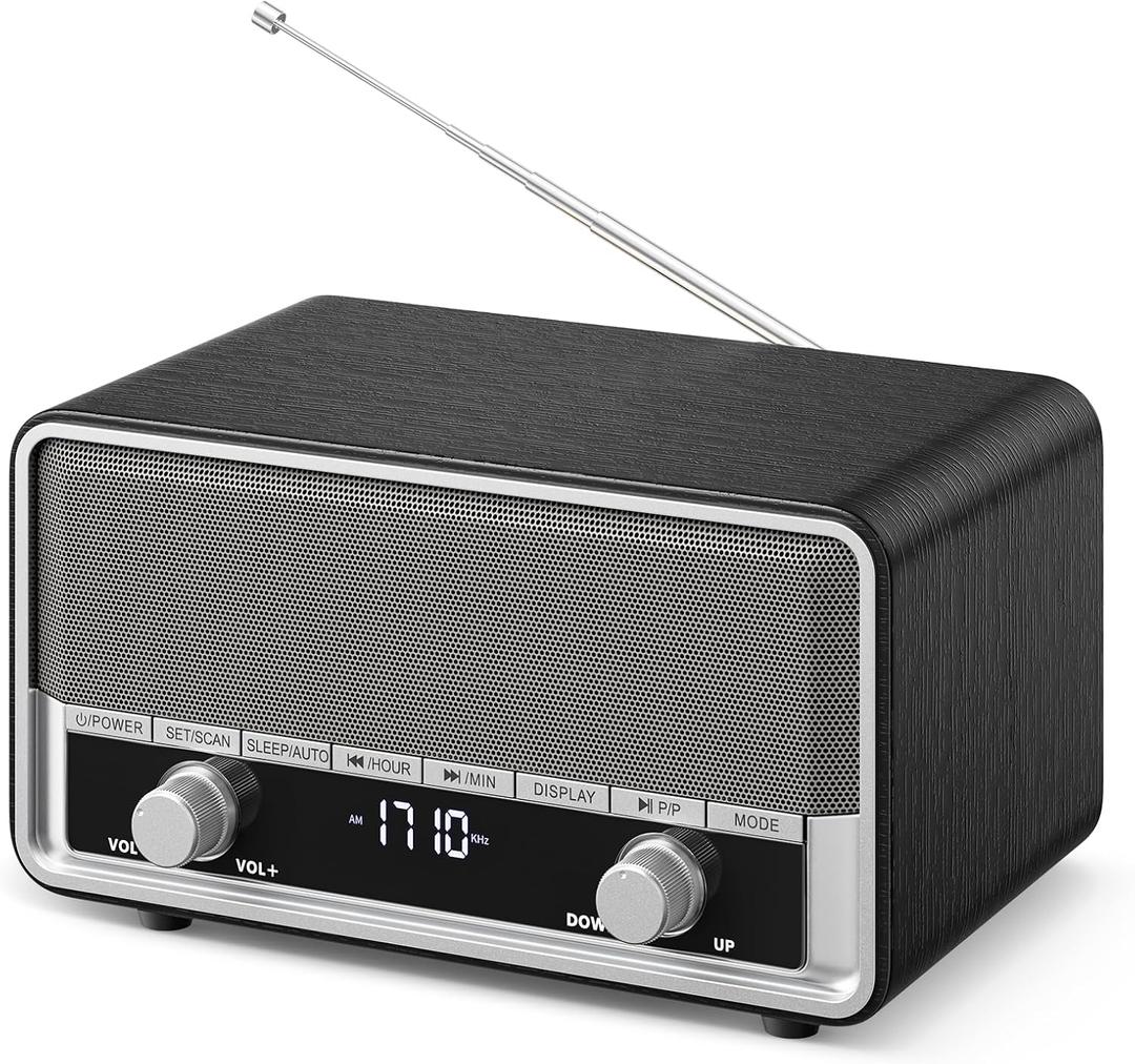 Vintage Wood AM FM Bluetooth Radio with Clock, Digital Clock Radio for Bedroom with LCD Display | 40 Presets | Sleep Timer | No Alarm, Retro Bluetooth Speaker for Office, Kitchen (Black)