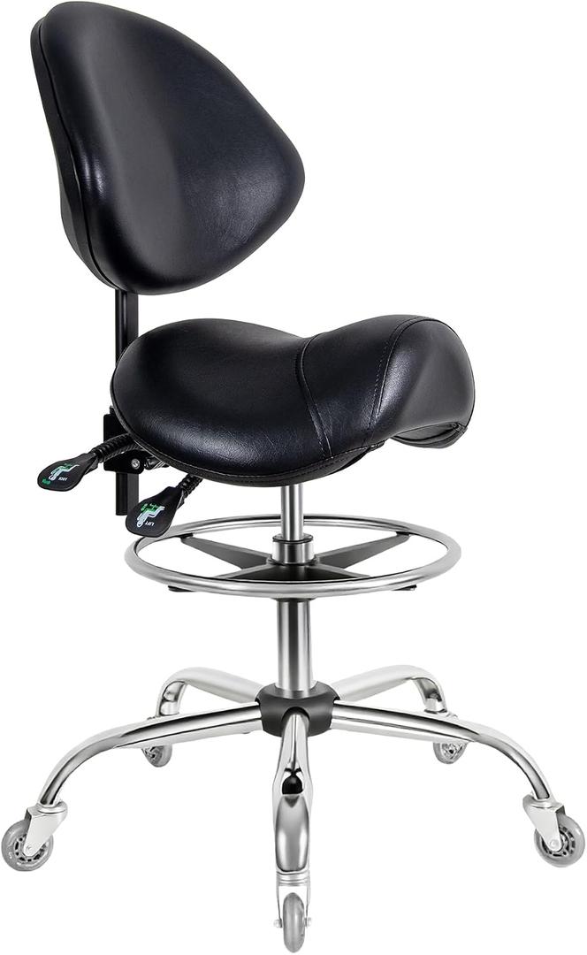 Saddle Stool with Wheels,Ergonomic Swivel Rolling Height Adjustable for Salon Beauty Clinic Dentist Tattoo Home OfficeBlack, With Back
