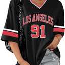 Jersey Shirts for Women Y2k Los Angeles Shirt Oversized Number Print V Neck Half Sleeve Striped Tee Streetwear Tops (Medium)