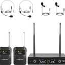 Phenyx Pro UHF Wireless Microphone System w/ 2x30 Tunable Frequencies, Metal Cordless Mic Set, 200 ft Range, 2 Bodypacks & Headsets/Lapel Mics for Speaking, Singing, Church, DJ (PTU522B)