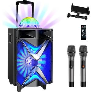 VeGue Karaoke Machine for Adults & Kids, Bluetooth Speaker PA System with 2 Wireless Microphones, 10'' Subwoofer, Disco Ball LED Light, Singing Machine for Home Karaoke, Party, Church (VS-1088)