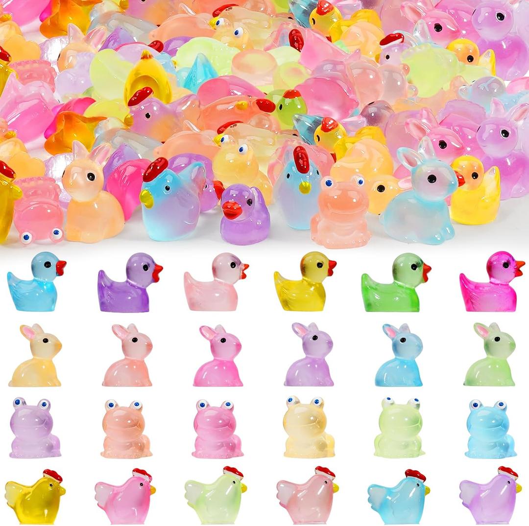 Lugailly Mini Resin Animals Figures to Hide 72 PCS Luminous Tiny Miniature Figurines Bulk Glow in The Dark Include Little Ducks Small Chicken Rabbits Frogs for Garden Micro Landscape Aquarium Potted