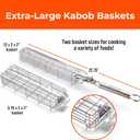 Large Kabob Grilling Basket with Removable Handle. Stainless Steel construction with a Larger Capacity (12 x 2 x 2) and secure easy latch lid. (3-Piece Set  Bag & Sponges Included)