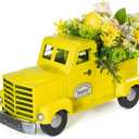 KI Store Yellow Truck Spring Easter Decor 12-Inch Vintage Metal Truck with Artificial Flowers Eggs for Easter Spring Decoration Table Centerpieces Mantel Display
